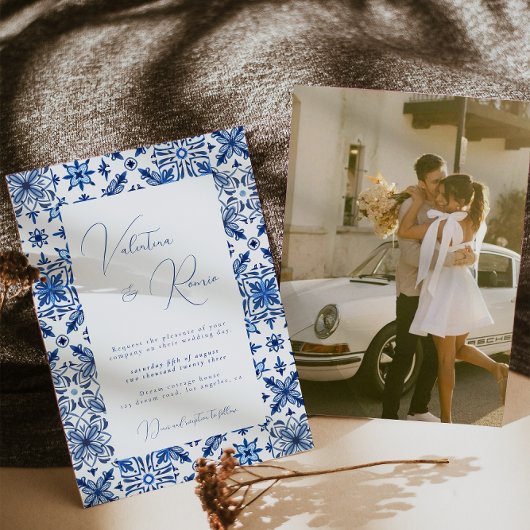 Blauw Mediterraans Tegel en citrus foto bruiloft Kaart