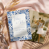 Blauw Mediterraans Tegel en citrus foto bruiloft Kaart