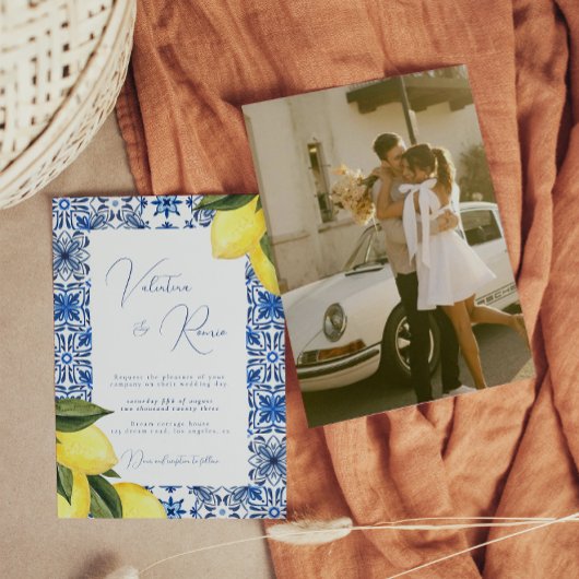 Blauw Mediterraans Tegel en citrus foto bruiloft Kaart