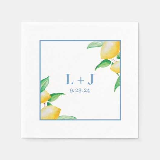 Blauw Mediterraans Waterverf Citroen bruiloft Servet (Voorkant)