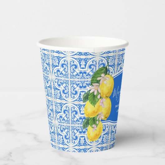 Blauw-mediterrane Citrus Lemon-Vrijgezellenfeest Papieren Bekers (Rechts)