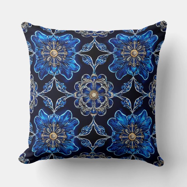 Blauw Meerkleurig Levendig Patroon Kussen (Voorkant)