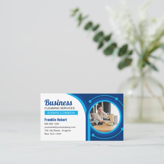 Blauw Meid Huis Schoonmaak Diensten Janitorial Cle Visitekaartje (Staand voorkant)