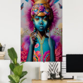 Blauw meisje met gouden, oude kroon poster (Thuiskantoor)