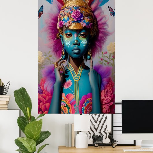 Blauw meisje met gouden, oude kroon poster (Thuiskantoor)