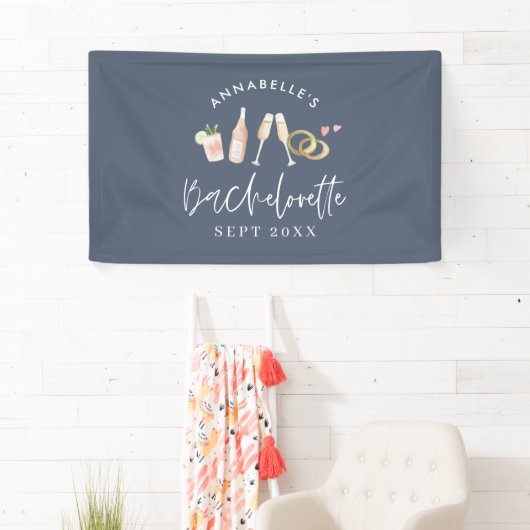 blauw meisje moderne champagne bachelorette weeken spandoek (Insitu)