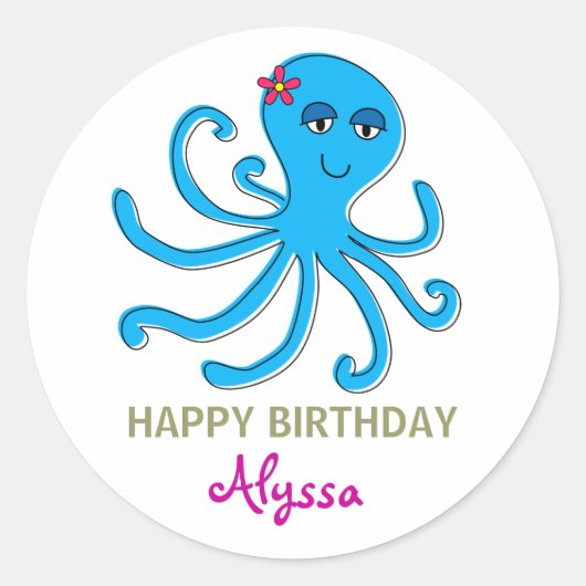 Blauw Meisje Octopus, Onder het Zee Cupcake Topper Ronde Sticker (Voorkant)