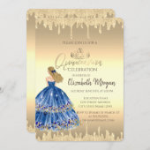 Blauw meisje, Tiara, Glitter Drift Gold Quinceañer Kaart (Voorkant / Achterkant)