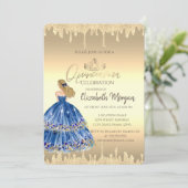 Blauw meisje, Tiara, Glitter Drift Gold Quinceañer Kaart (Staand voorkant)