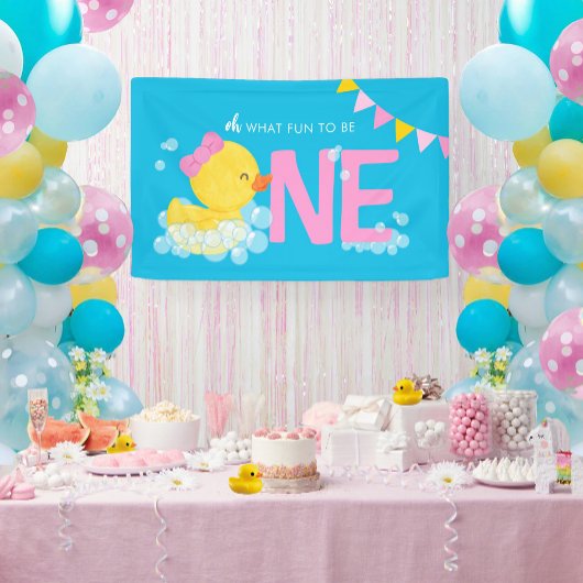 Blauw Meisje Waterverf Duck Oh Wat leuk Een Feest Spandoek