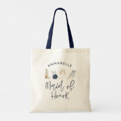 Blauw meisjesachtig moderne cocktail script bruids tote bag (Achterkant)
