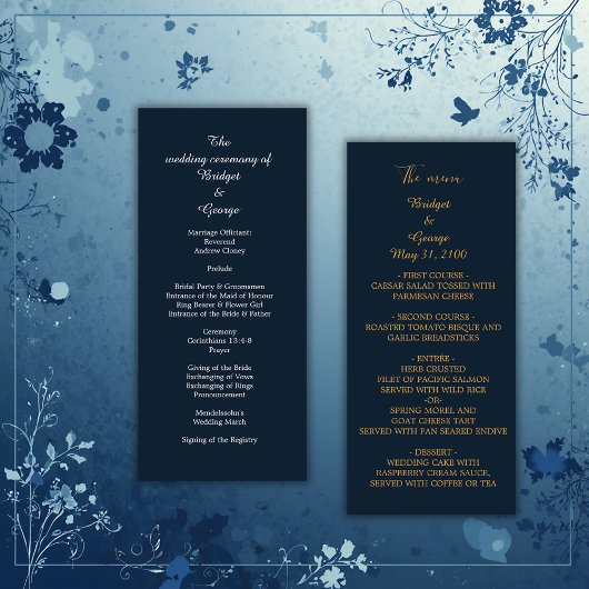 Blauw menu & programma trouwkaart