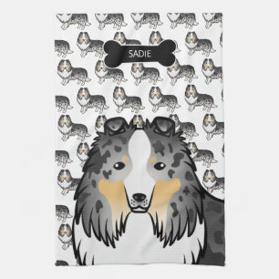 Blauw Merle Cartoon Sheltie Met Hondsdieet En Naam Theedoek