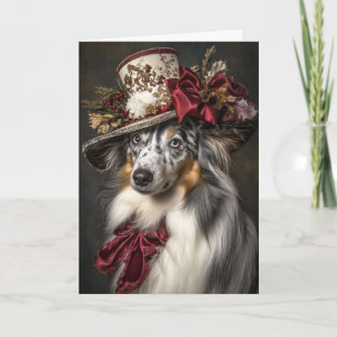 Blauw Merle Collie Kerst Elegante Victoriaanse Hon Feestdagen Kaart