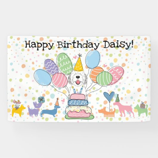 Blauw Merle Sheepadoodle Hond Verjaardagsfeest Spandoek (Horizontaal)