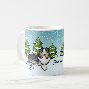 Blauw Merle Sheltie Cartoon Hond In Winter & Naam Koffiemok