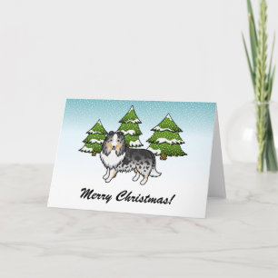Blauw Merle Sheltie Cartoon Hond In Winter & Tekst Kaart