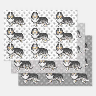 Blauw Merle Shetland Sheepdog Cartoon Hond Patroon Inpakpapier Vel