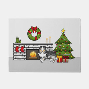 Blauw Merle Shetland Sheepdog In Een Kerst Kamer Deurmat