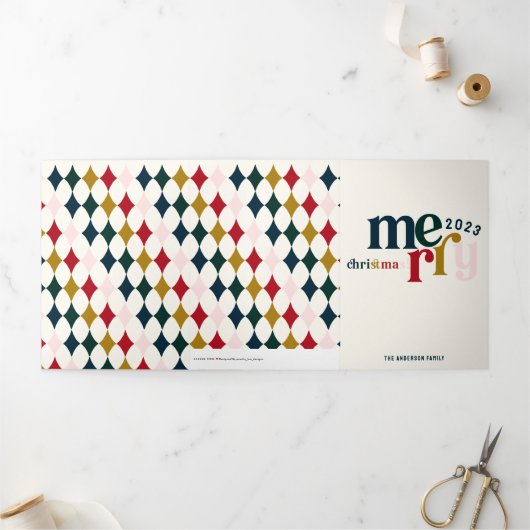 Blauw Merry Christmas Multiphoto Drieluik Wenskaart (Buitenkant)