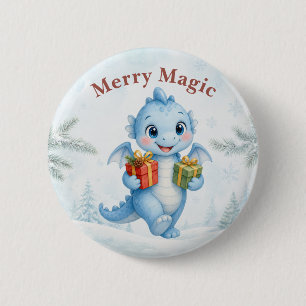 Blauw Merry Magic Baby Dragon Kerstmis Ronde Button 5,7 Cm