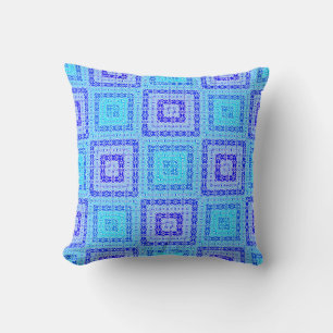 Blauw met Aqua Blue Square Pattern Boho Kussen