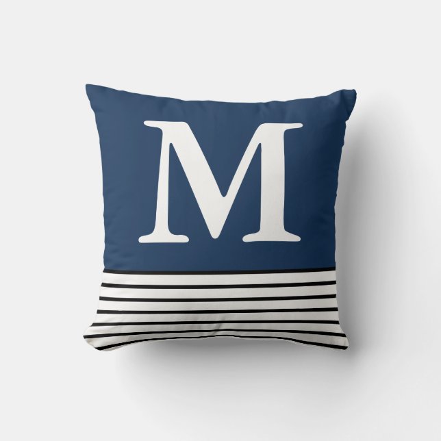 Blauw met B/W-strepen, aangepast monogram Kussen (Voorkant)
