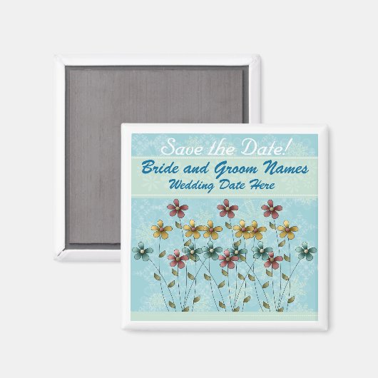 Blauw met bloemen Bewaar de datum Magneet (Voorkant / Achterkant)