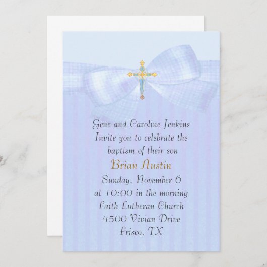  blauw met Boog en Kruisdoop Uitnodiging (Voorkant / Achterkant)