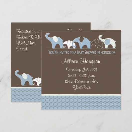 Blauw met bruin ellefant babyschoeisel kaart (Voorkant / Achterkant)