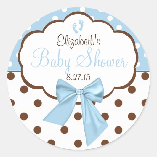 Blauw met bruin polka dots Baby shower Ronde Sticker (Voorkant)
