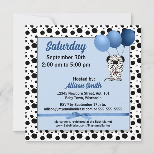 Blauw met Dalmatian Puppy Theme Baby shower Kaart (Achterkant)