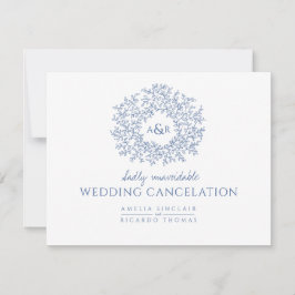 Blauw met de hand getekend bladmonogram trouwannul aankondiging