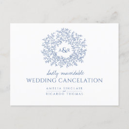 Blauw met de hand getekend bladmonogram trouwannul aankondigingskaart