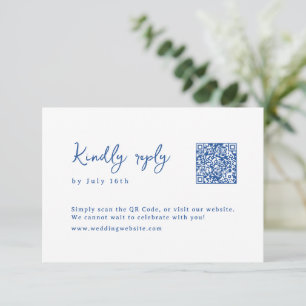 Blauw met de hand getekend monogram whimsical huwe RSVP kaartje