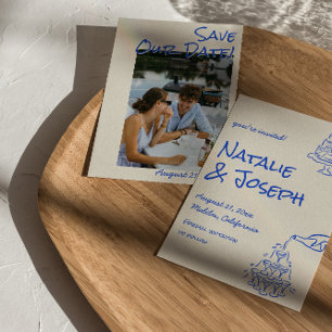 Blauw met de hand getekende champagnetower taart f save the date