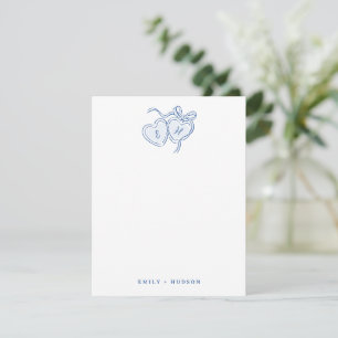 Blauw met de hand getekende harten monogram gepers notitiekaartje