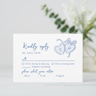 Blauw met de hand getekende harten monogram whimsi RSVP kaartje