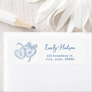 Blauw met de hand getekende hartenmonogram retoura etiket