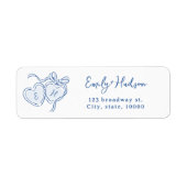 Blauw met de hand getekende hartenmonogram retoura etiket (Voorkant)