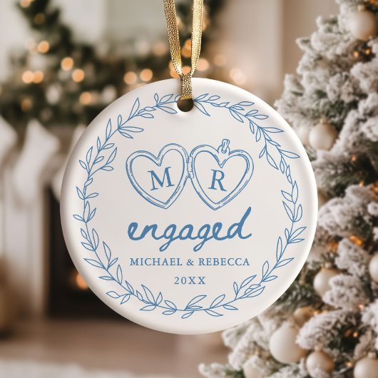 Blauw met de Hand Getekende Verloving Kerstmis Keramisch Ornament