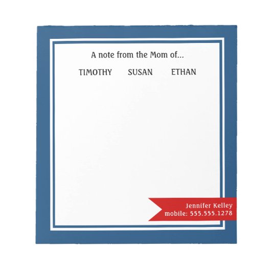Blauw met de inscriptie "Van de mam van", geperson Notitieblok (Voorkant)