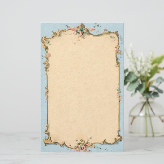  blauw met Floral Border Briefpapier (Staand voorkant)