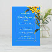 Blauw met gele verjaardagsuitnodiging voor bloemen kaart (Staand voorkant)