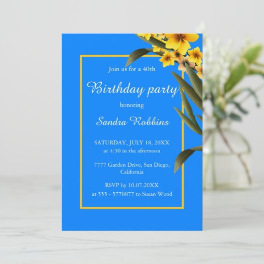 Blauw met gele verjaardagsuitnodiging voor bloemen kaart (Staand voorkant)
