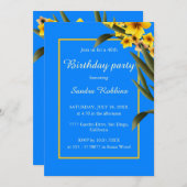 Blauw met gele verjaardagsuitnodiging voor bloemen kaart (Voorkant / Achterkant)