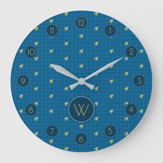 Blauw met Gold Accent Houndstooth Clock Grote Klok (Voorkant)