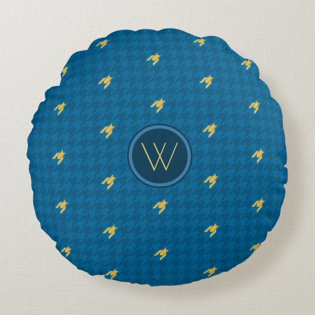 Blauw met Gold Accent Houndstooth Round Pillow Rond Kussen (Voorkant)