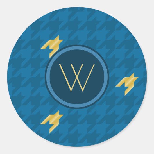 Blauw met Gold Accent Houndstooth-Sticker Ronde Sticker (Voorkant)