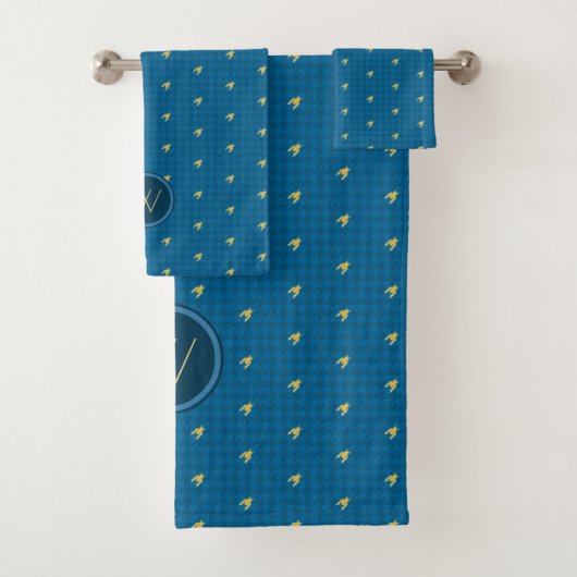 Blauw met Gold Accent Houndstooth Towel Set Bad Handdoek (Insitu)